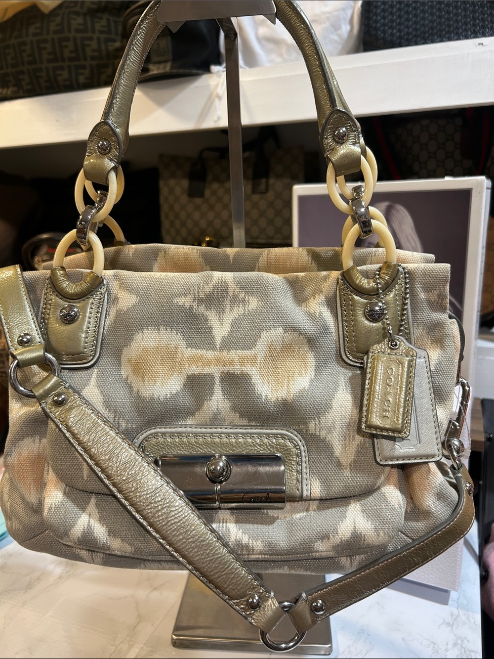 Coach Kristin Op Art Beige and Gold Signature Canvas Shoulder Bag